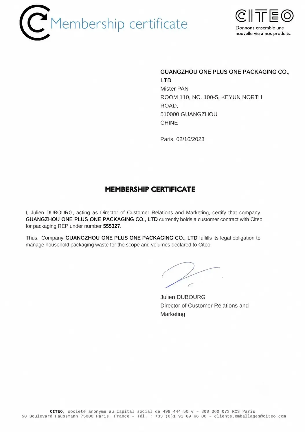 EPR France Packaging Compliance Certificate