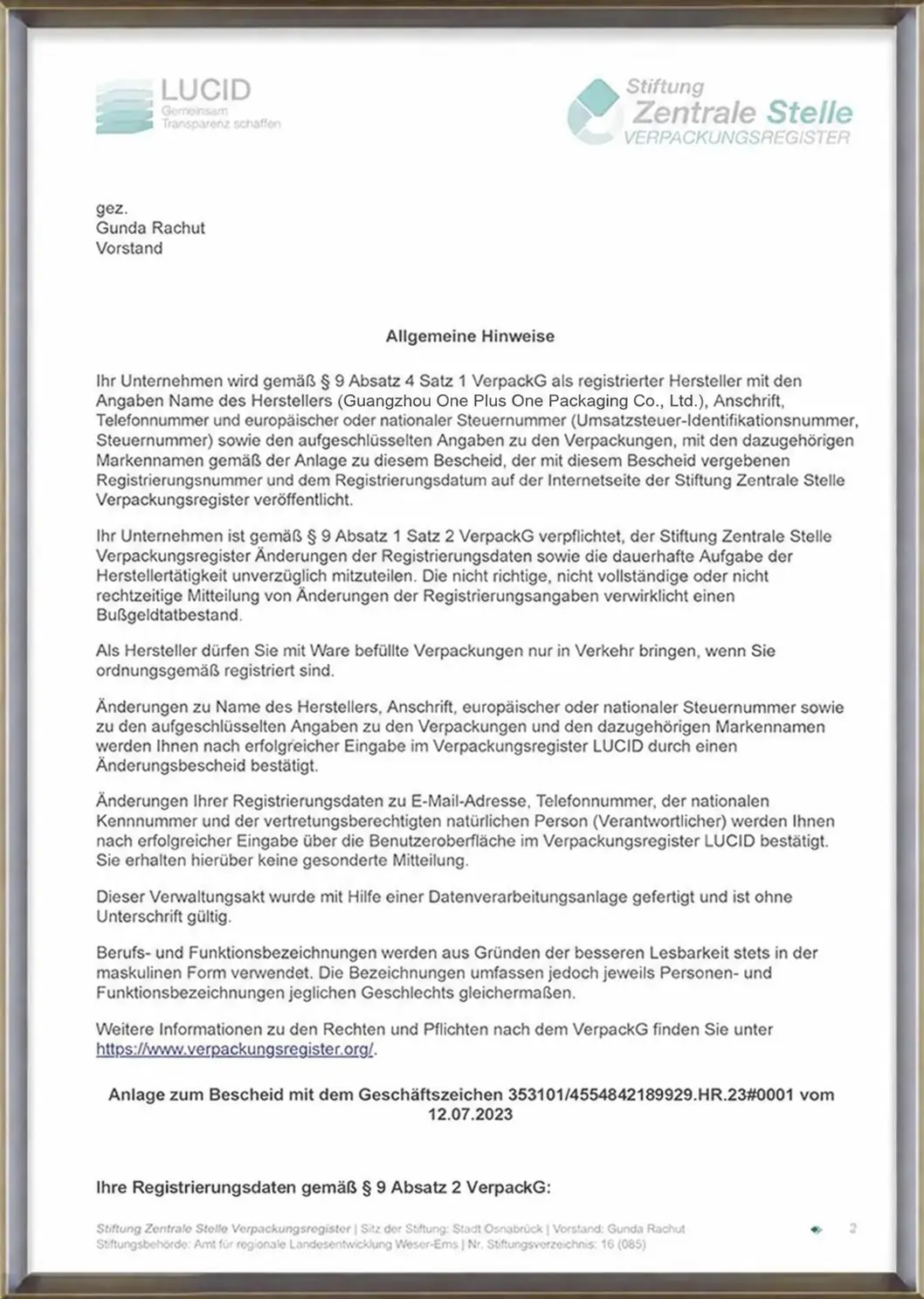EPR Germany Packaging Registration Certificate
