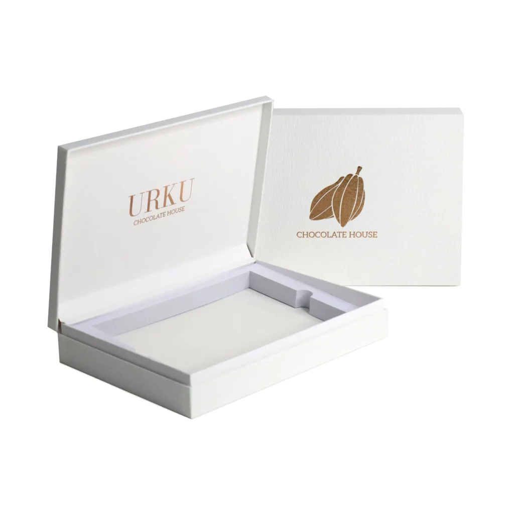 White rigid box with embossed logo