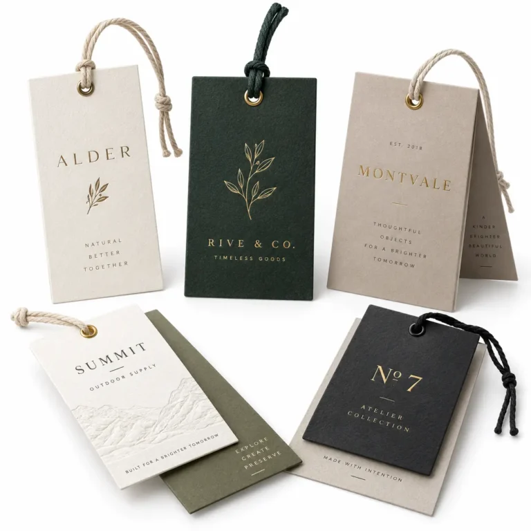 Embossed clothing tag with metal eyelet