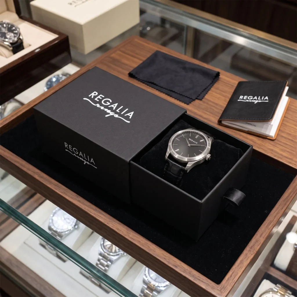 Branded black watch box for retail display