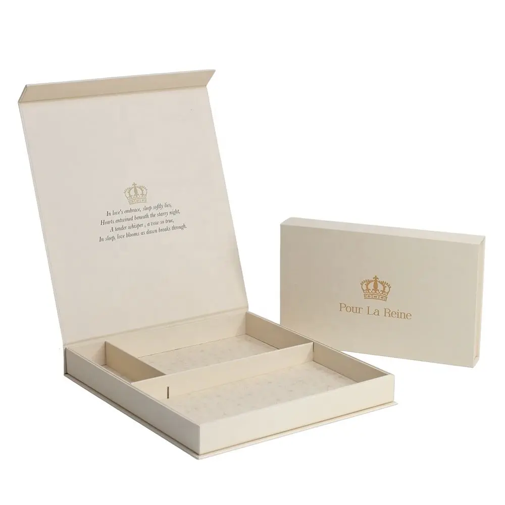 Beige magnetic rigid gift box with gold foil logo