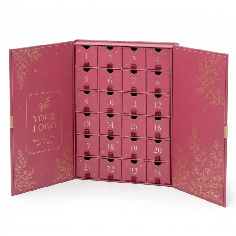 Image ALT 1 Luxury red advent calendar box with 24 drawers Image ALT 2 Custom advent calendar box with magnetic double doors Image ALT 3 Rigid 24 drawer gift box with gold foil logo Image ALT 4 Advent calendar packaging by drawer box manufacturers Image ALT 5 Book style advent calendar box with numbered drawers Image ALT 6 Wholesale luxury advent calendar packaging with custom logo