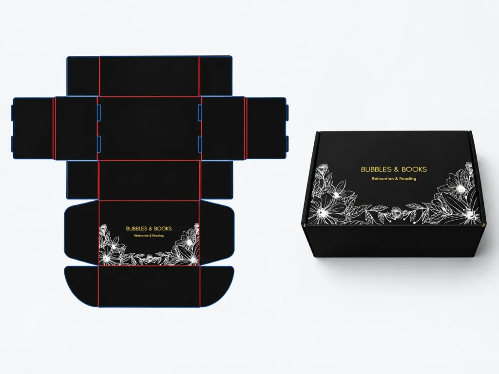 Custom Printed Mailer Boxes Dieline and 3D Mockup with Black Floral Design