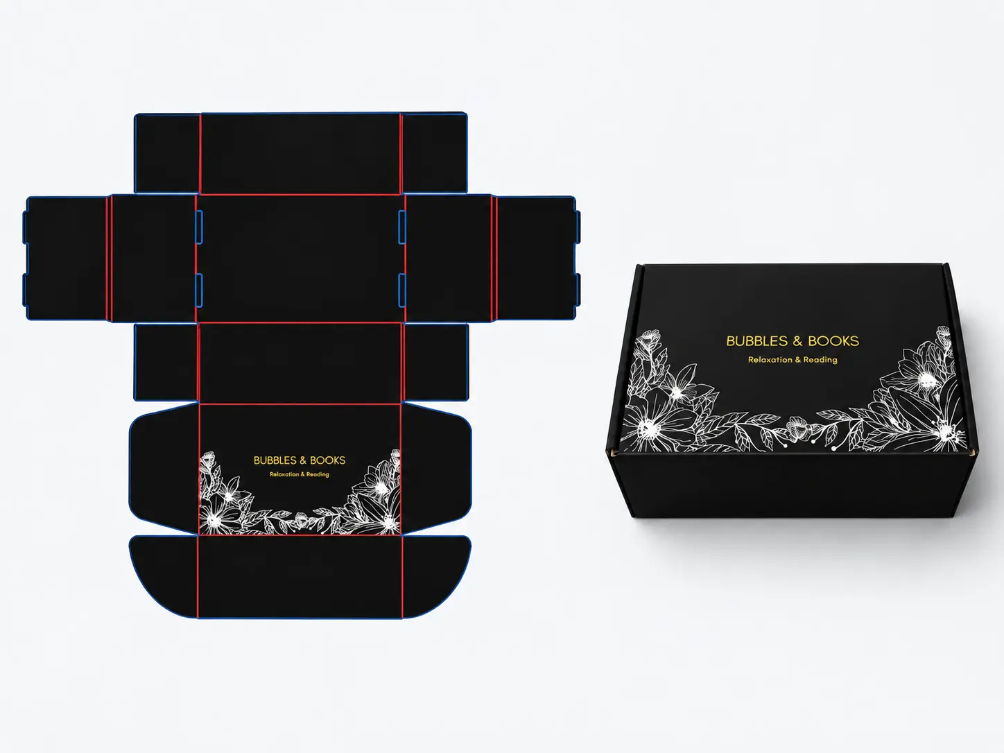 Custom Printed Mailer Boxes Dieline and 3D Mockup with Black Floral Design
